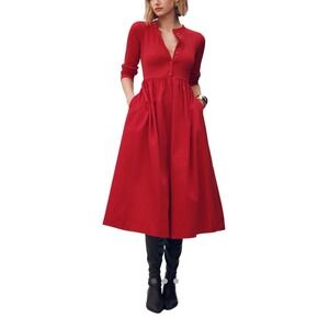 Red Mixed Media Henley Midi Dress Long Sleeve Ribbed Knit Poplin Skirt Pocket